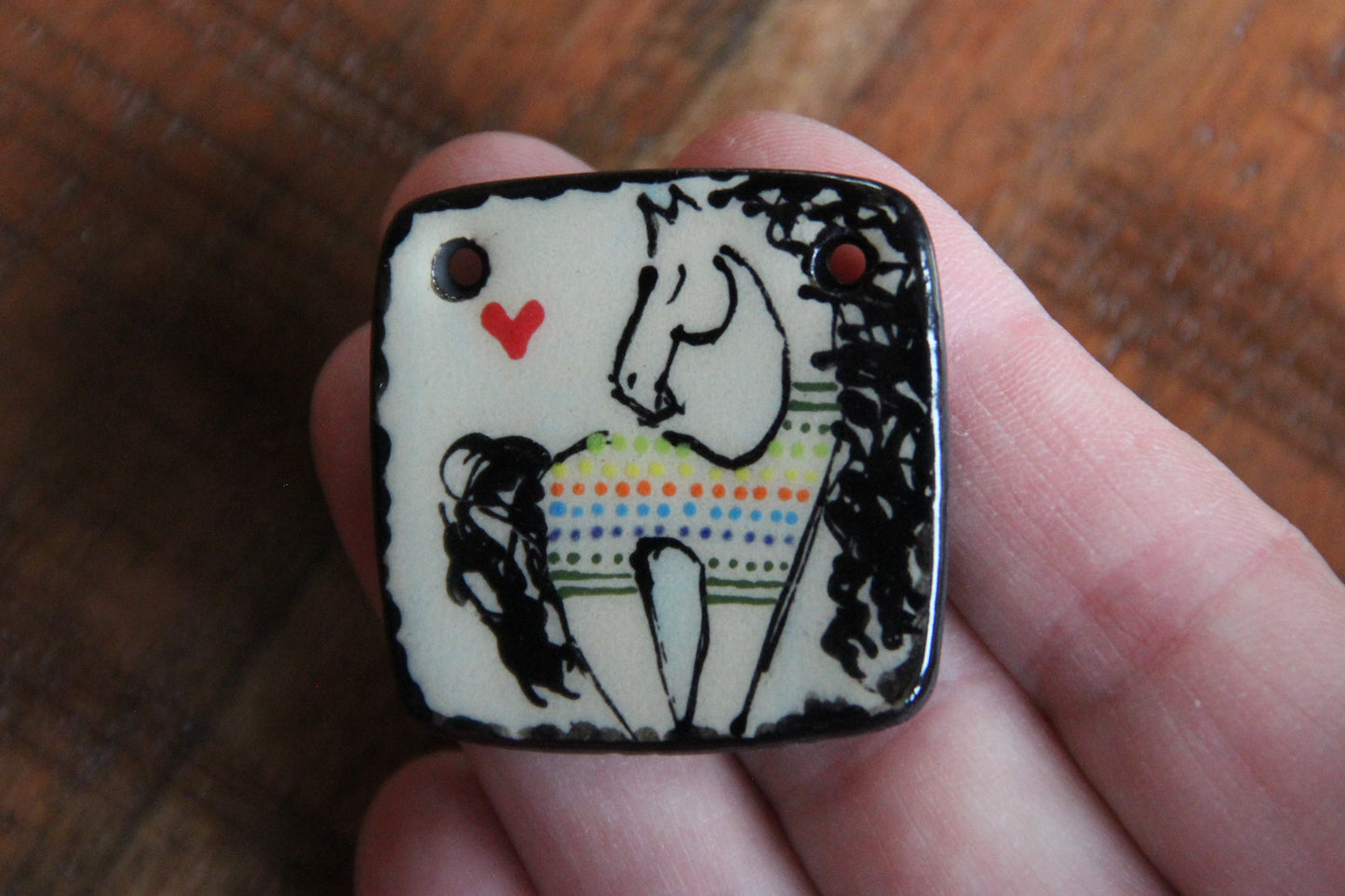 Handmade ceramic focal pendant HORSE LOVE