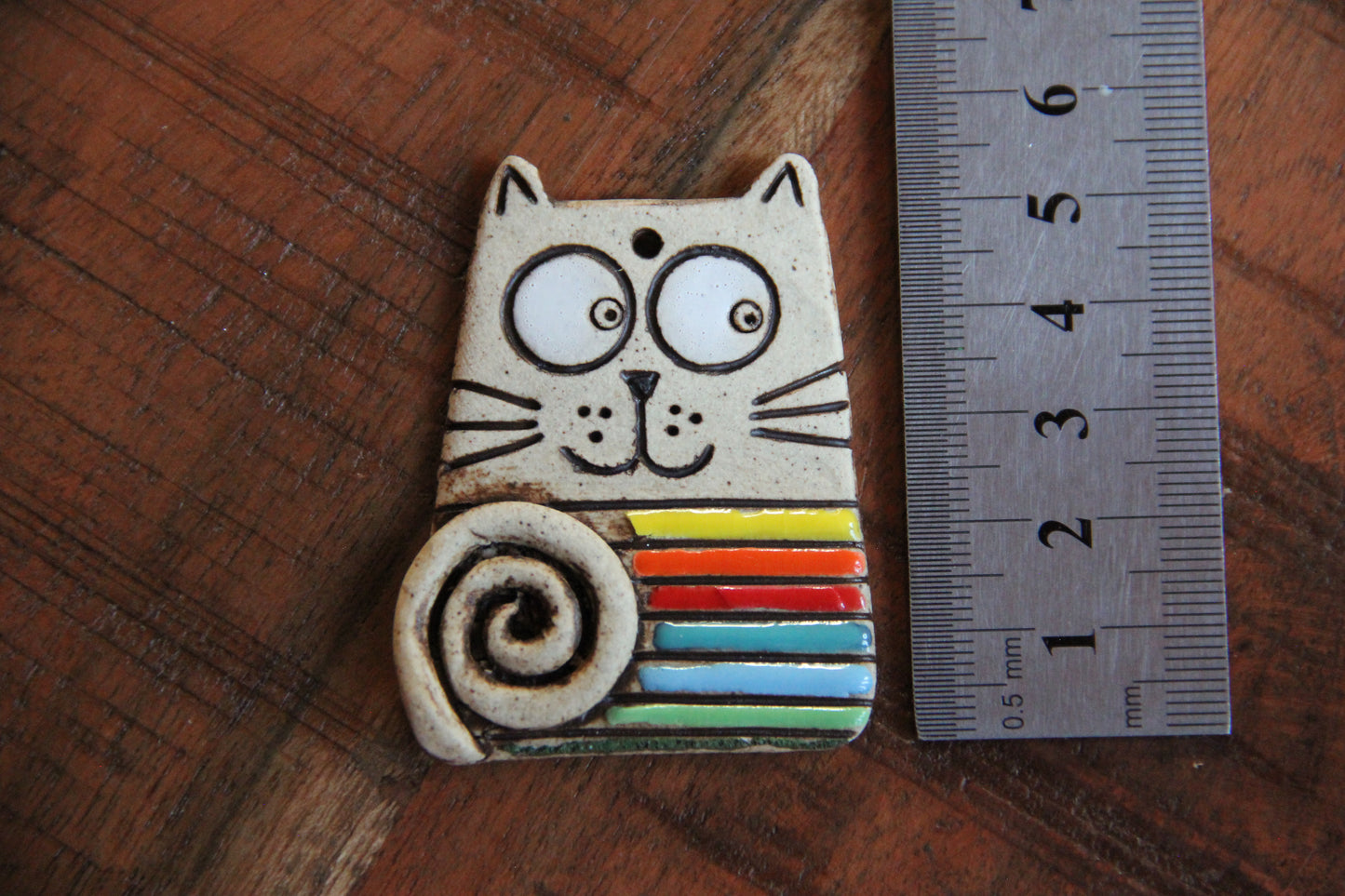 SALE - STRIPED CAT WITH A TAIL - Stoneware Rustic Pendant