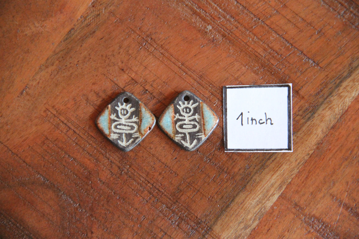 Handcarved rustic tribal pair of ceramic earring dangles
