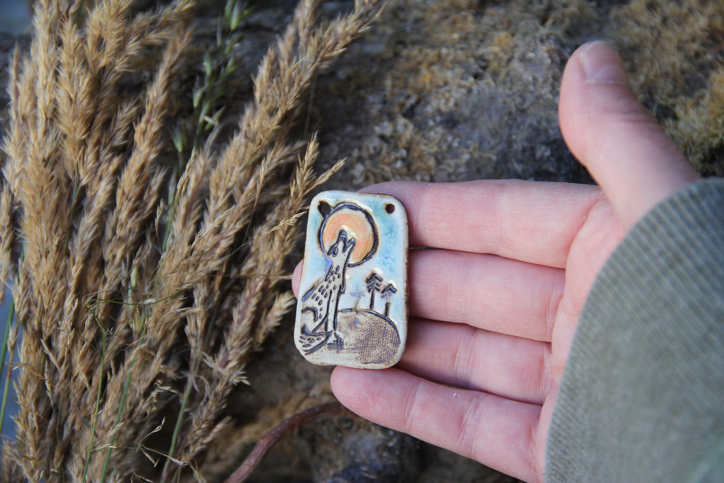 SALE - Wolf Howling to the Moon - Stoneware Rustic Pendant