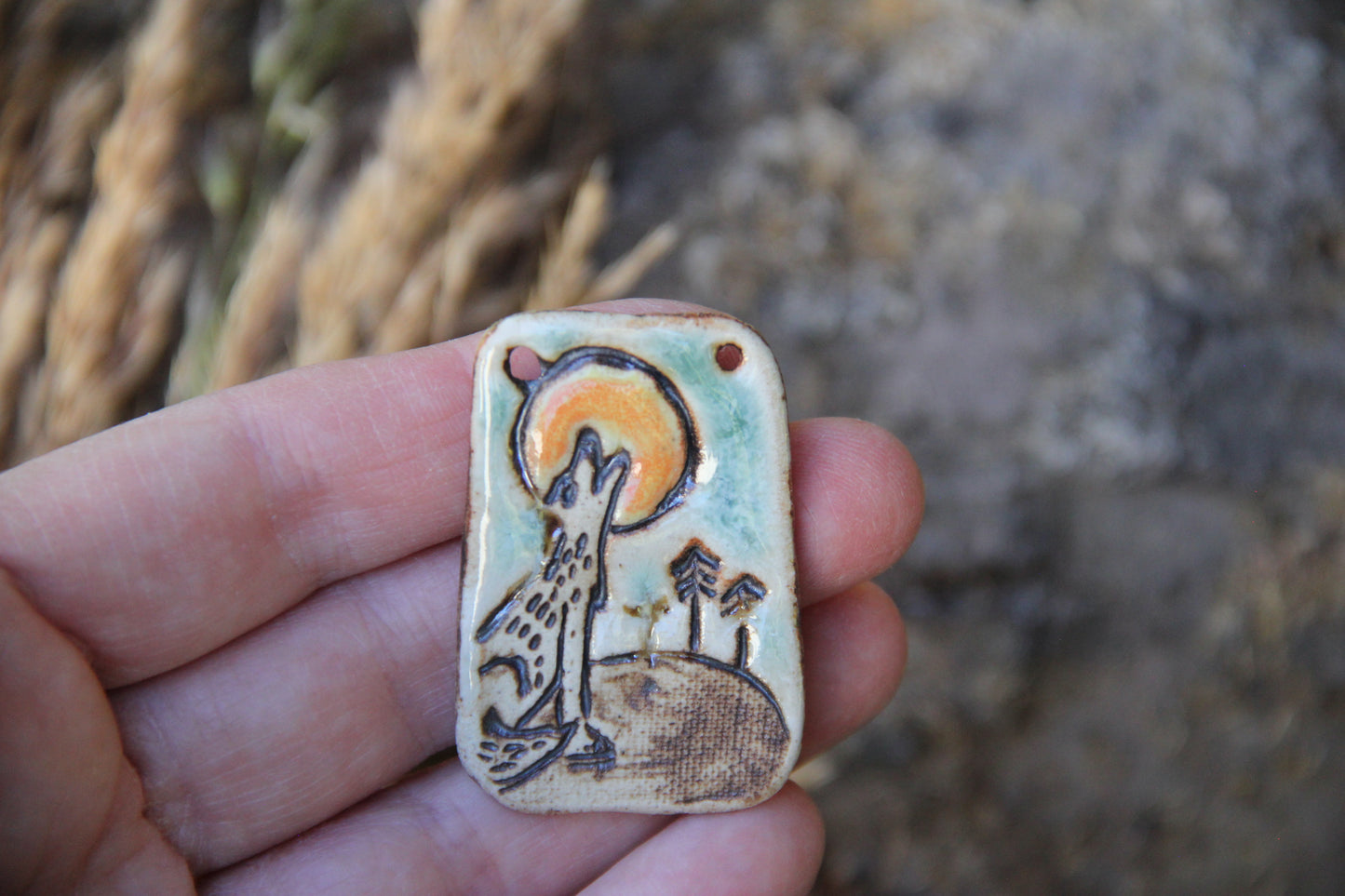 SALE - Wolf Howling to the Moon - Stoneware Rustic Pendant