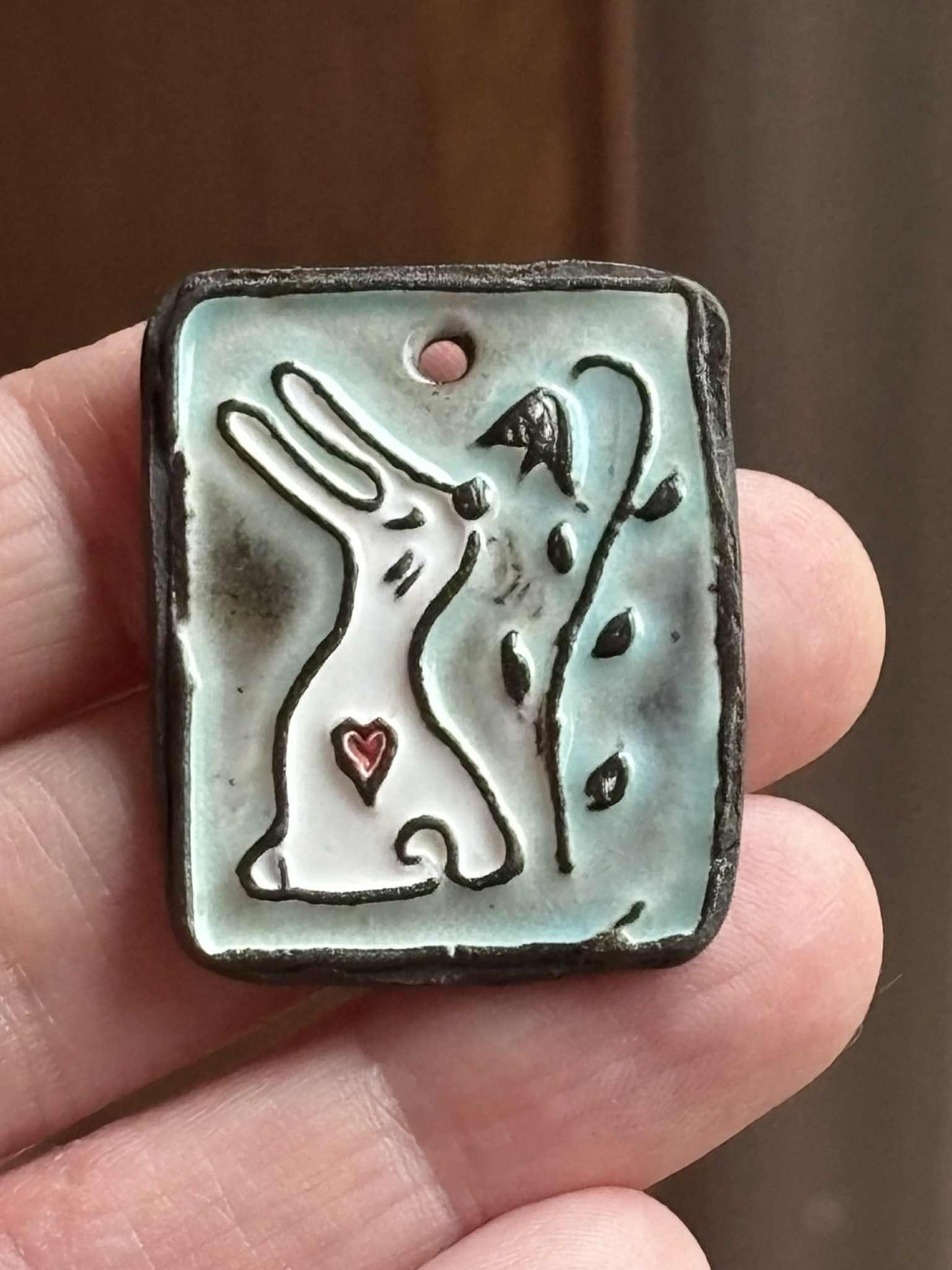BUNNY AND FLOWER ceramic focal pendant