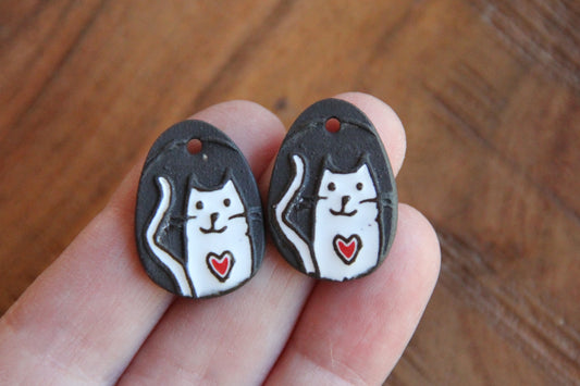 Kitty with red heart - a pair of ceramic earring dangles