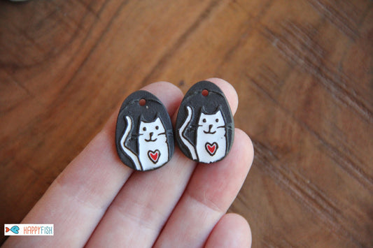 Kitty with red heart - a pair of ceramic earring dangles