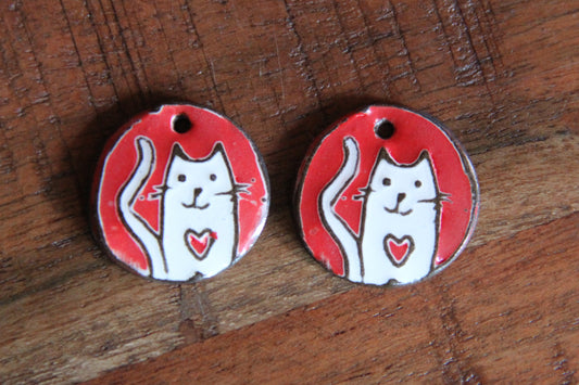 Kitty with red heart - ceramic earring dangles