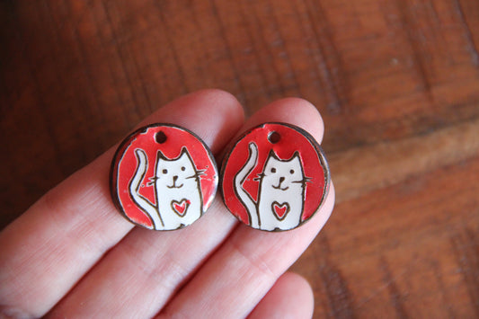 Kitty with red heart - ceramic earring dangles