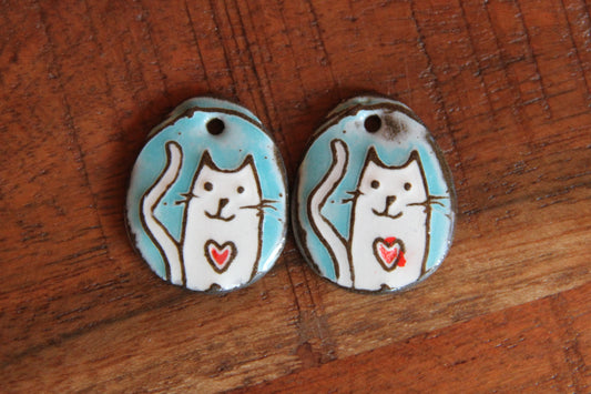 Kitty with red heart - ceramic earring dangles