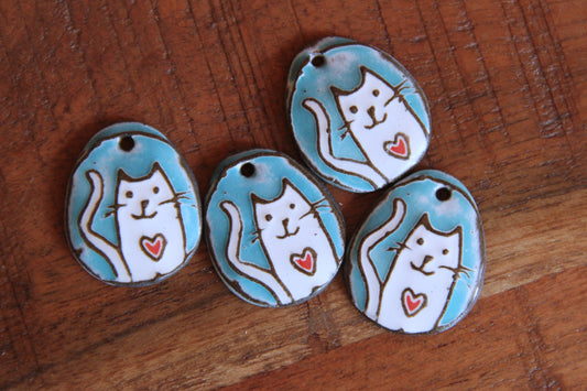 Kitty with red heart - ceramic earring dangles