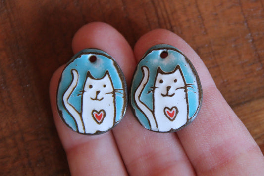 Kitty with red heart - ceramic earring dangles