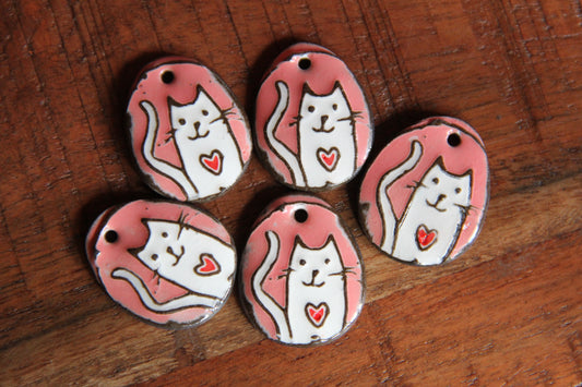 Kitty with red heart - ceramic earring dangles