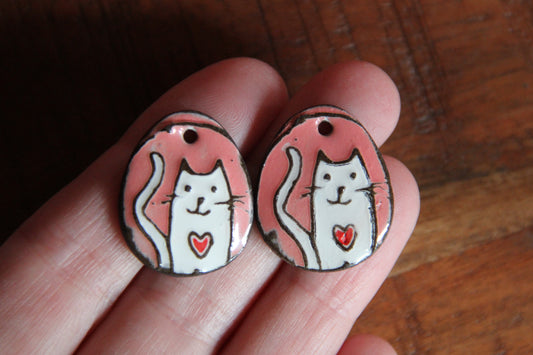 Kitty with red heart - ceramic earring dangles