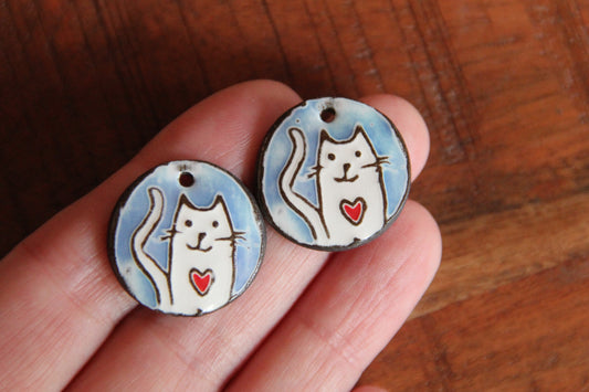 Kitty with red heart - ceramic earring dangles