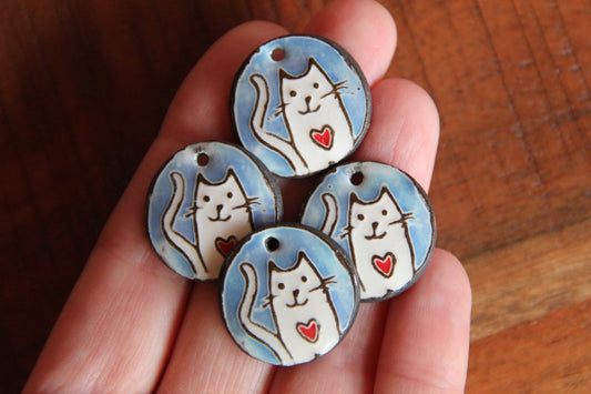 Kitty with red heart - ceramic earring dangles