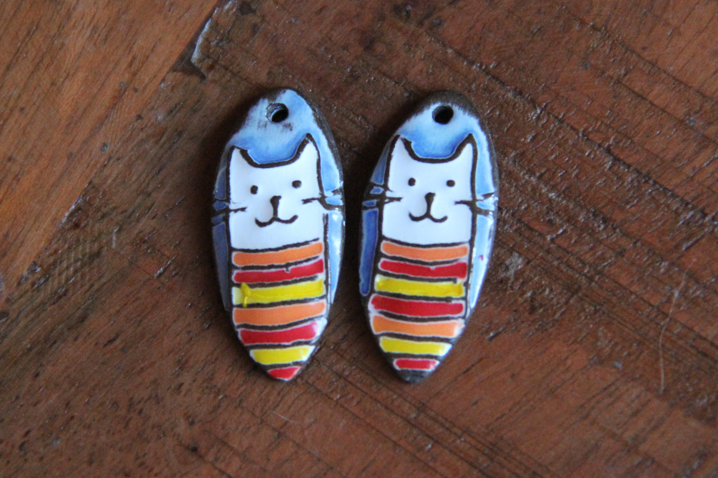 Kitty in striped shirt - ceramic earring dangles