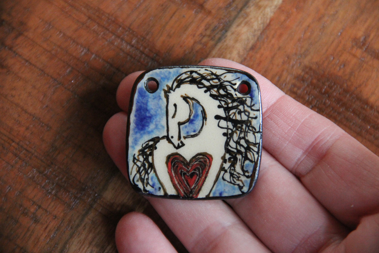Handmade ceramic focal pendant HORSE LOVE