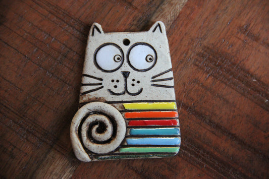 SALE - STRIPED CAT WITH A TAIL - Stoneware Rustic Pendant