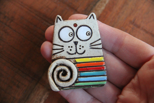 SALE - STRIPED CAT WITH A TAIL - Stoneware Rustic Pendant