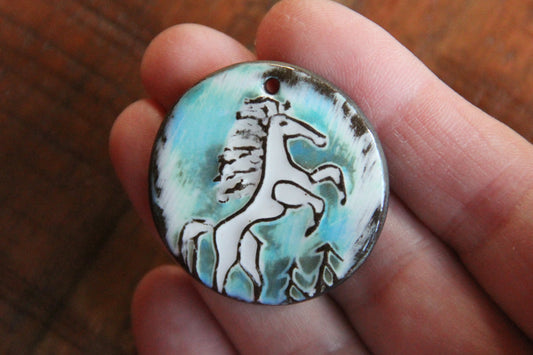Rearing white horse - ceramic pendant
