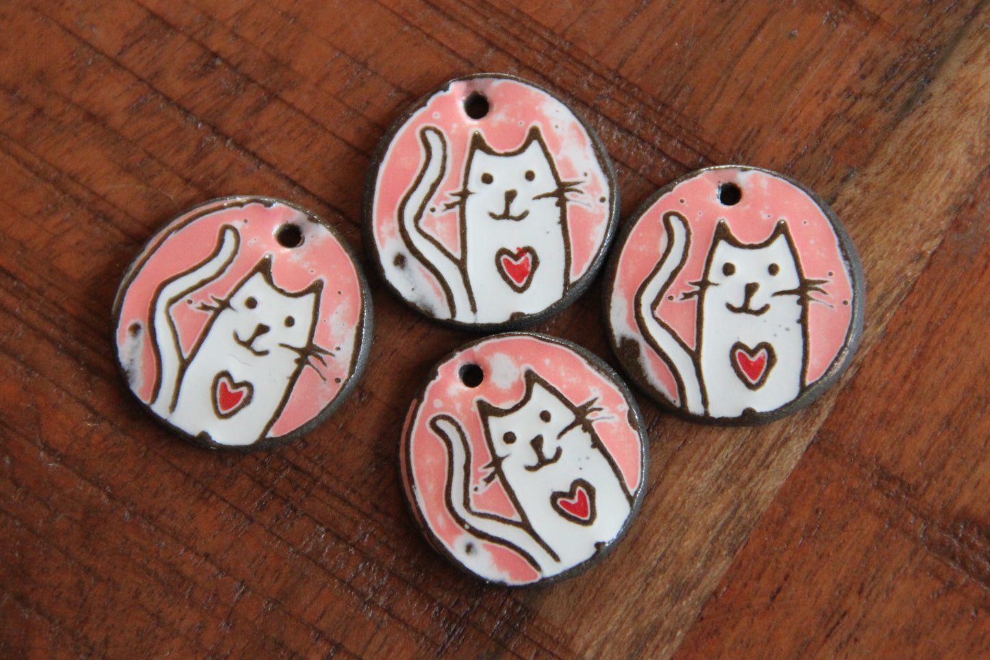 Kitty with red heart - ceramic earring dangles