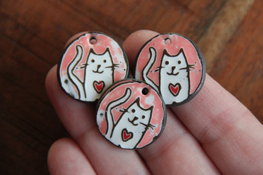 Kitty with red heart - ceramic earring dangles