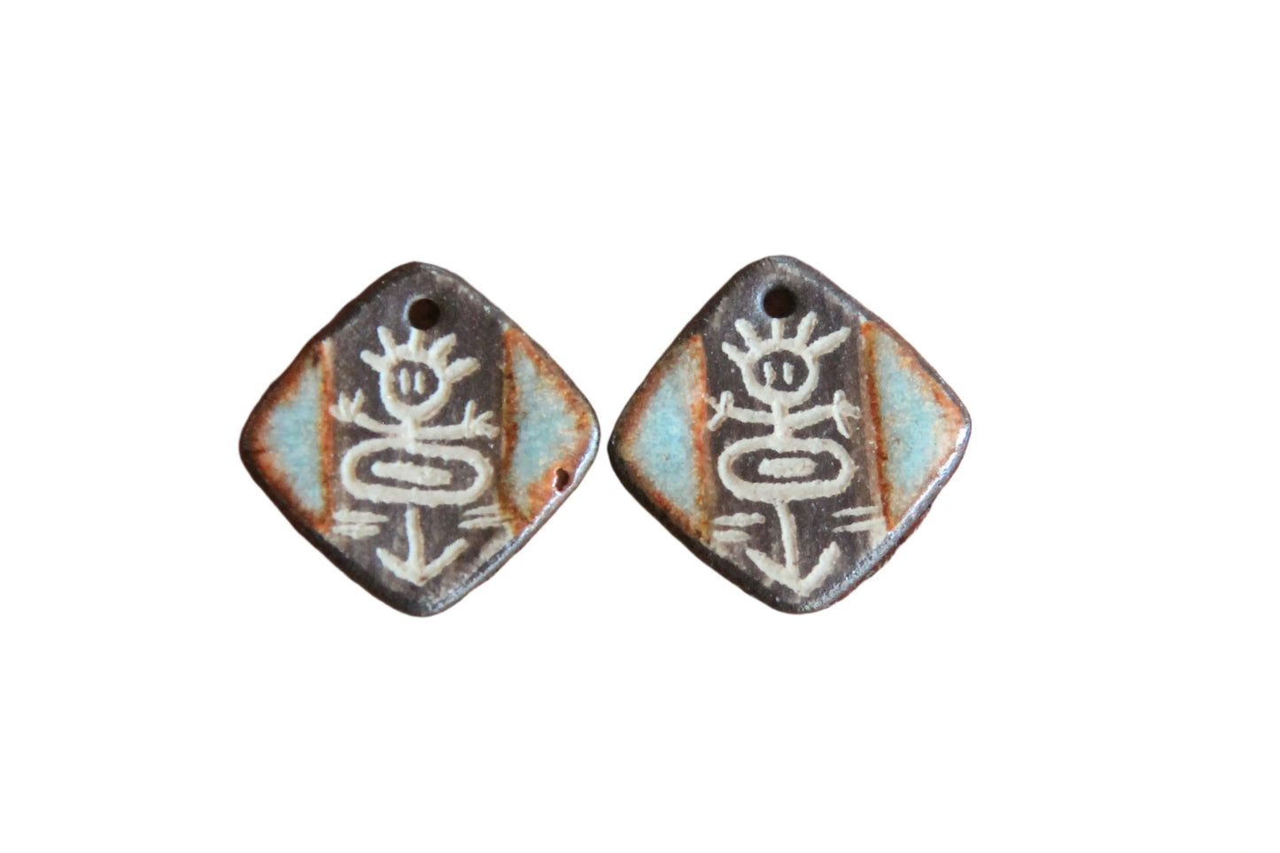 Handcarved rustic tribal pair of ceramic earring dangles