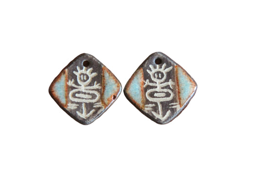 Handcarved rustic tribal pair of ceramic earring dangles