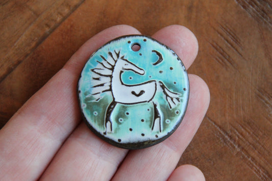 White Horse under the Moon and Stars - Ceramic Pendant