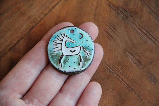 White Horse under the Moon and Stars - Ceramic Pendant