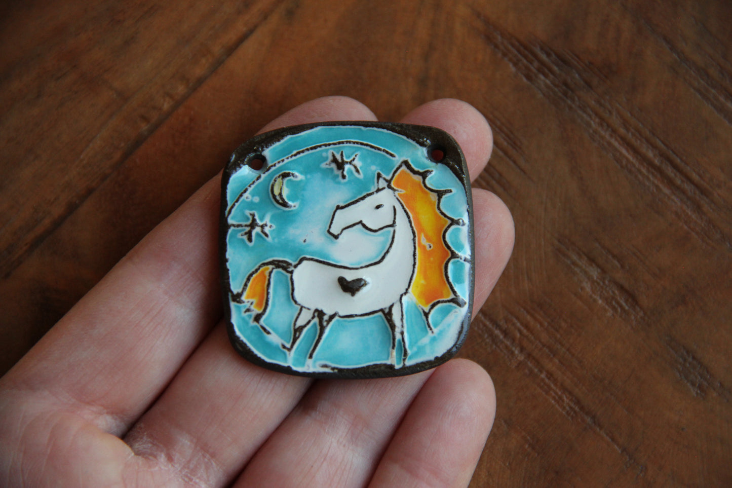 White Horse under the Moon and Stars - Ceramic Pendant