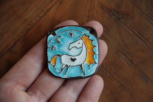 White Horse under the Moon and Stars - Ceramic Pendant