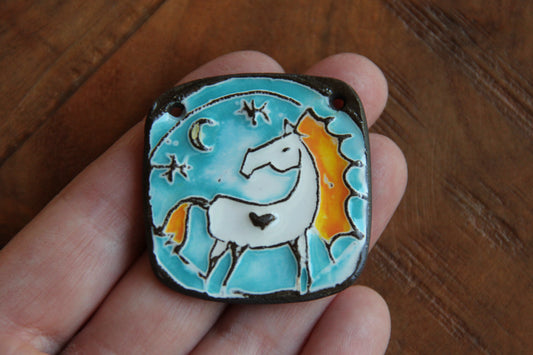 White Horse under the Moon and Stars - Ceramic Pendant