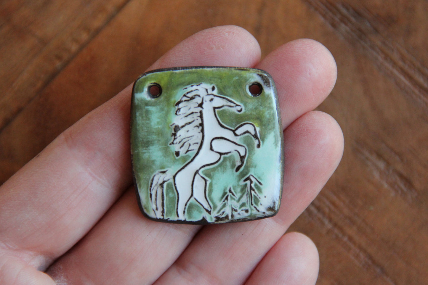 Rearing white horse - ceramic pendant