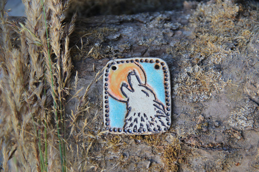 Wolf Howling to the Moon - Stoneware Rustic Pendant