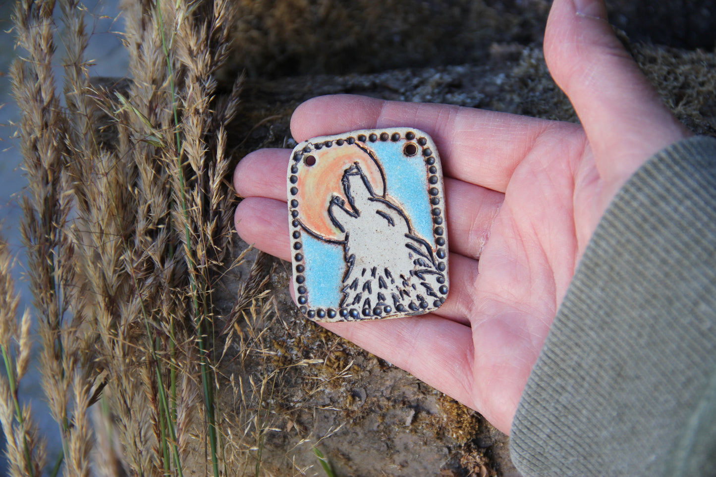 Wolf Howling to the Moon - Stoneware Rustic Pendant