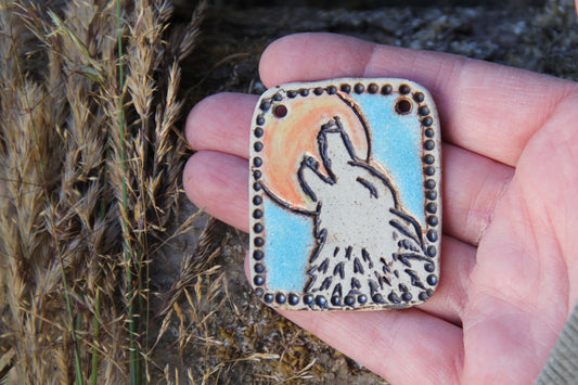 Wolf Howling to the Moon - Stoneware Rustic Pendant
