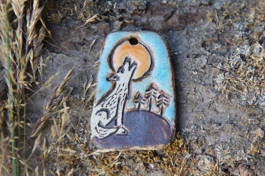Wolf Howling to the Moon - Stoneware Rustic Pendant