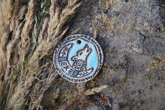 Howling Wolf and Moon - Stoneware Rustic Pendant