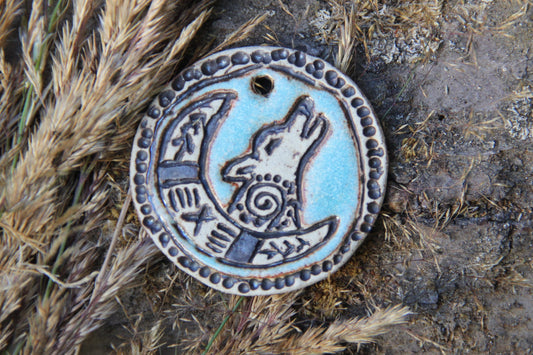 Howling Wolf and Moon - Stoneware Rustic Pendant