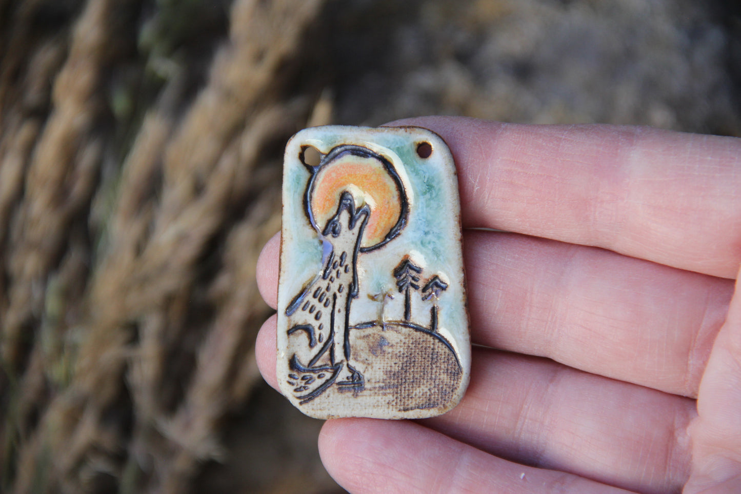 SALE - Wolf Howling to the Moon - Stoneware Rustic Pendant