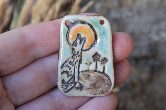 SALE - Wolf Howling to the Moon - Stoneware Rustic Pendant