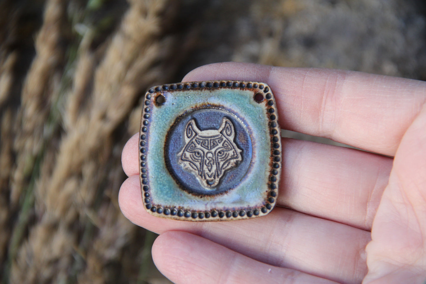 Wolf Head rustic stoneware pendant