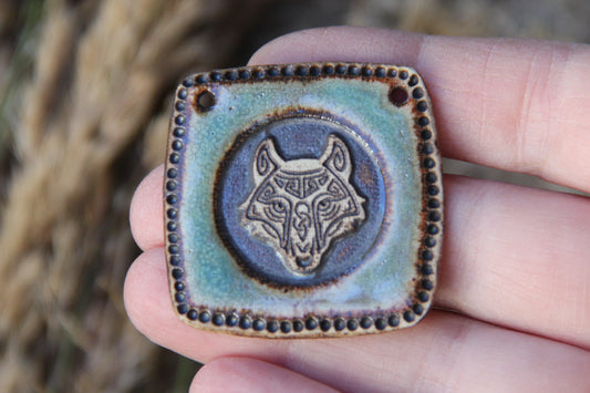 Wolf Head rustic stoneware pendant