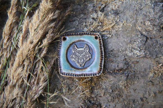 Wolf Head rustic stoneware pendant