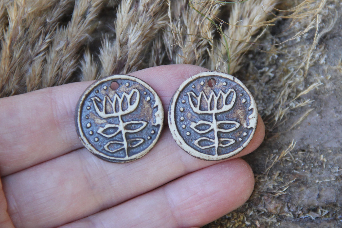 A pair of ceramic earring FOLK FLOWER dangles in rustic style