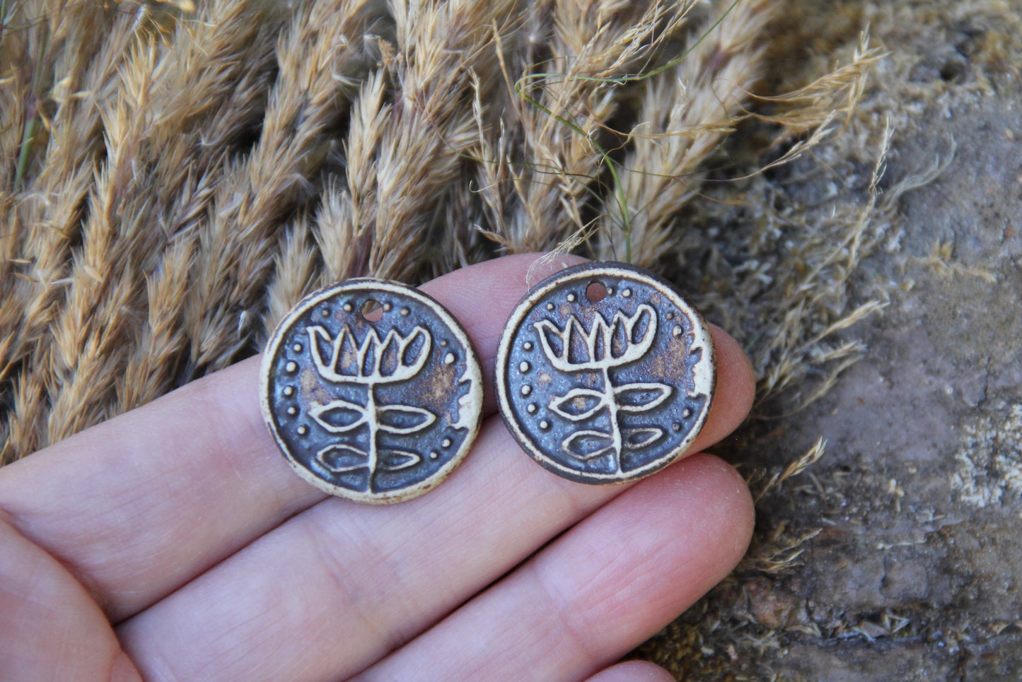 A pair of ceramic earring FOLK FLOWER dangles in rustic style