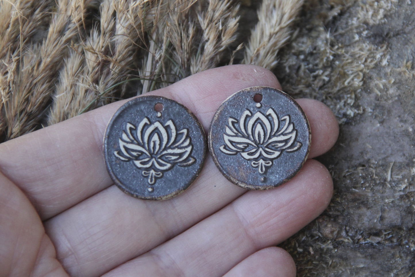 A pair of ceramic earring LOTUS FLOWER dangles in rustic style